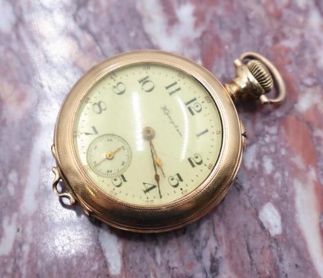 Antique Small Ladies Hampden Ornate Backed Pocket Watch: Antique Hampden Watch Co. ladies open face pocket watch, with personalized back panel with name and 'Aug. 3 1907' Dueber case