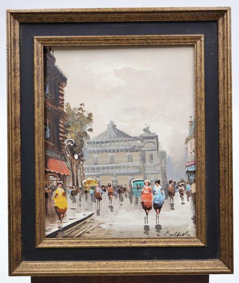 Vintage Andy Coppelle Original Painting of Paris: Small 11" across painting of a Parisian street, painted by Andy Coppelle with small blurb about the artist on the back of the painting