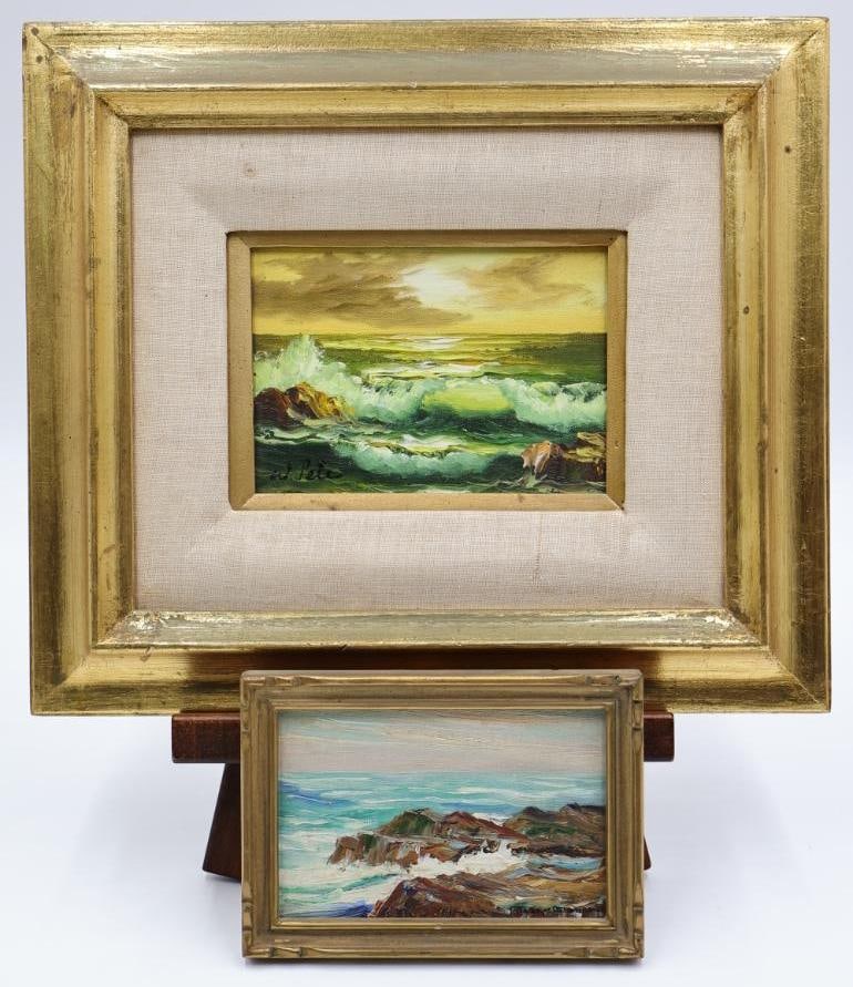 Two Original Seascape Paintings: California artist Joane Cromwell blue tidewater small painting, and larger framed golden sunset seascape by W. Pete