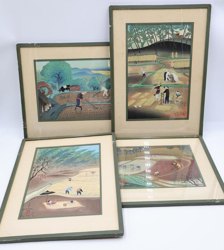 Set of Four Vintage Japanese Woodblocks by artist Ohno Bakuf: One missing glass, Rice Reaping, Rice Weeding, Rice Planting, Rice Harvest woodblock prints. All four with tag on back stating 'The Hillside Shop Monroe, Gilbert, Salem Oregon'