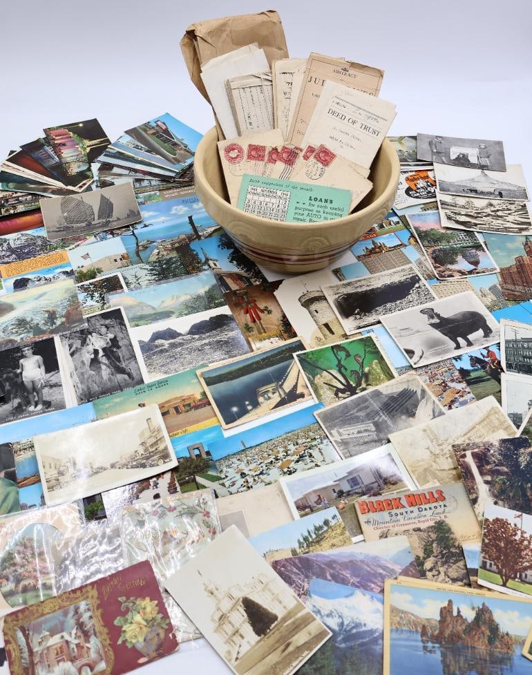 Collection of Antique and Vintage Ephemera and Yellow Ware Bowl: Large collection of antique and vintage postcards featuring Oregon, South Dakota, California, Hawaii and much more. Vintage photo postcards and holiday postcard. Also includes yellow ware bowl with