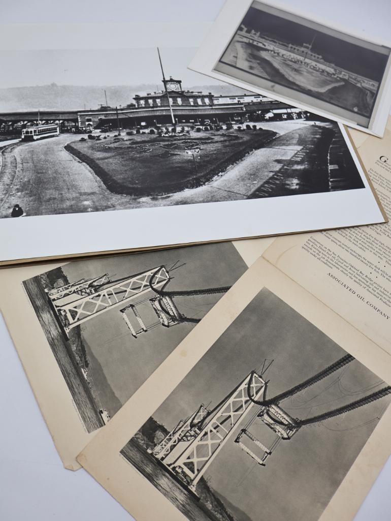 Antique Large Photo of Grand Central Station and San Fran.-Oakland Bay Bridge Photos: Large modern printed photo of Grand Central Station (20" by 16"), with negative, and promotional photos of the San Francisco-Oakland Bay bridge being built with info.