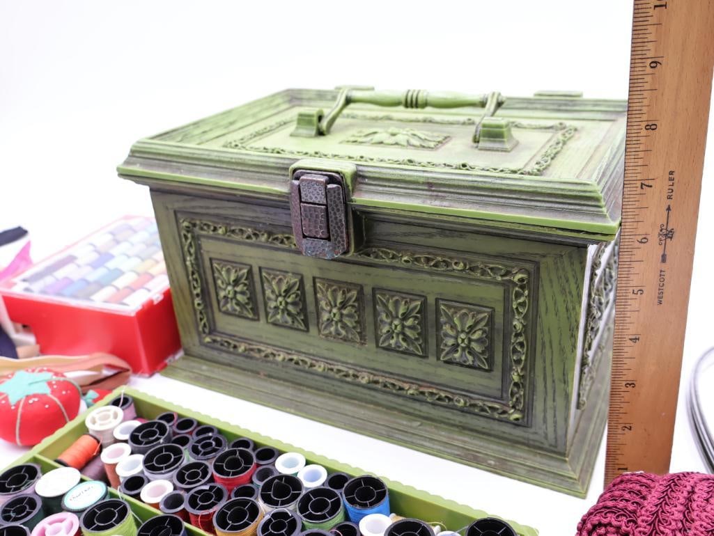 Vintage Sewing Container, Metal Thimble Wall Pocket, and Sewing Baubles - 10