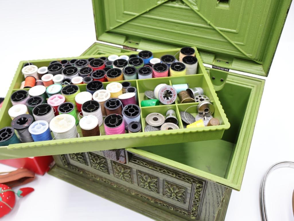 Vintage Sewing Container, Metal Thimble Wall Pocket, and Sewing Baubles - 12
