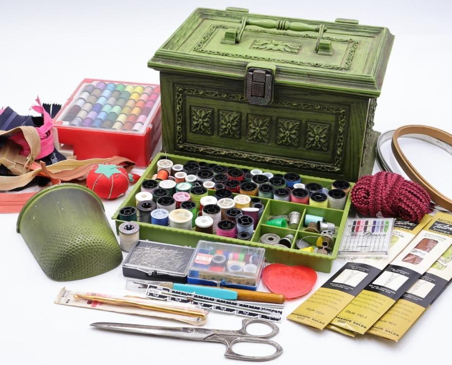 Vintage Sewing Container, Metal Thimble Wall Pocket, and Sewing Baubles: Vintage Max Klein Inc. (SC-1280) olive green plastic sewing organizer, with matching olive green metal wall hanging thimble, vintage scissors, zippers, and more