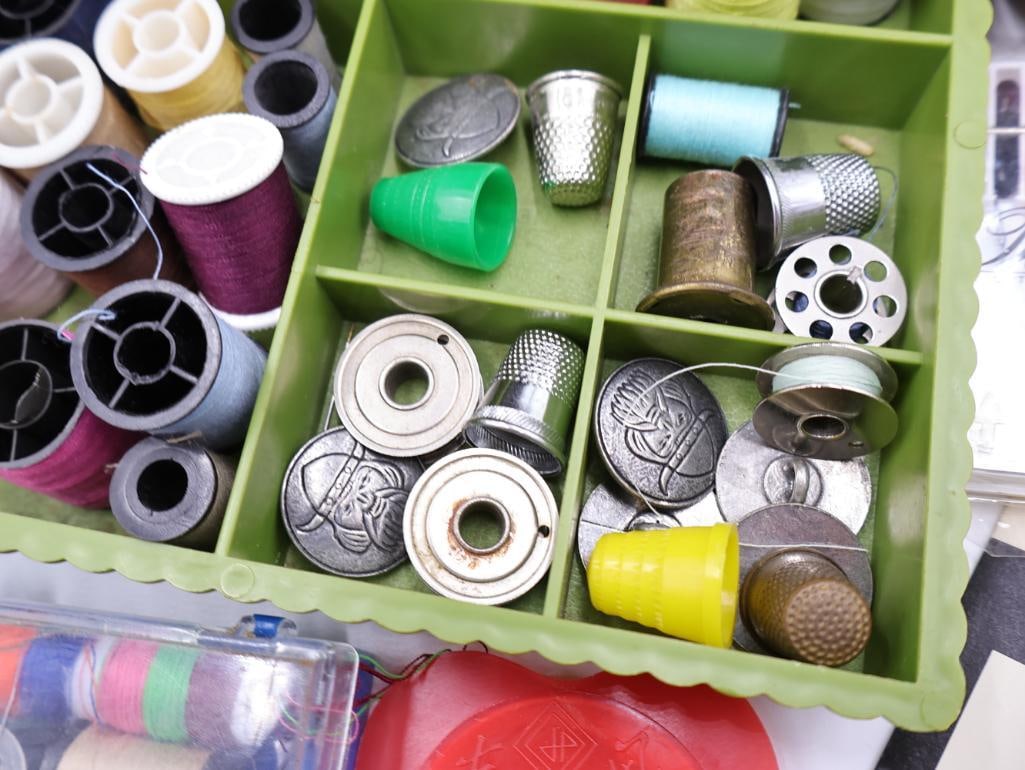 Vintage Sewing Container, Metal Thimble Wall Pocket, and Sewing Baubles - 5