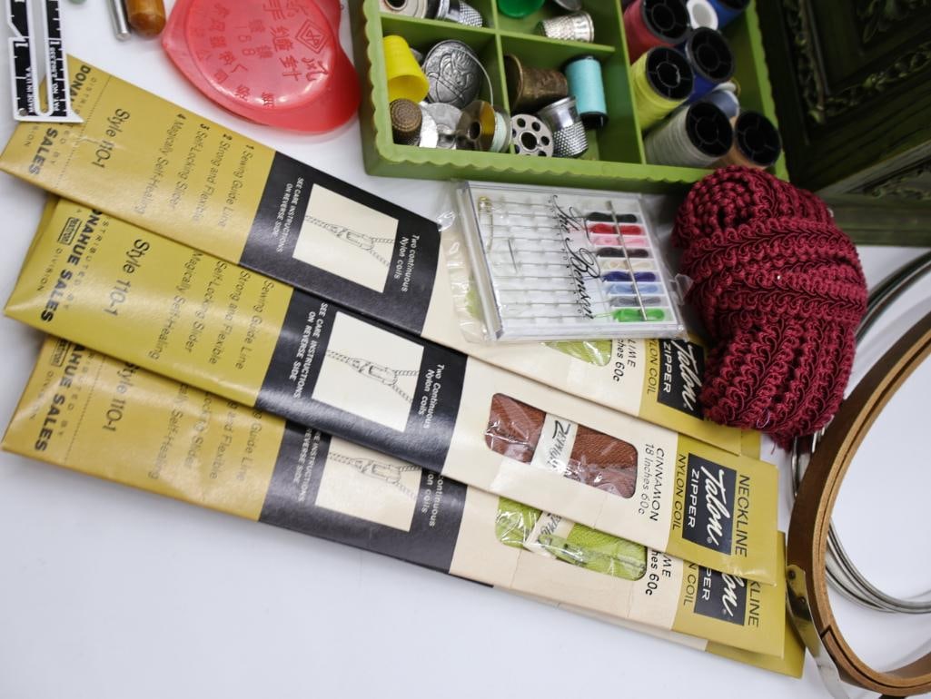 Vintage Sewing Container, Metal Thimble Wall Pocket, and Sewing Baubles - 6