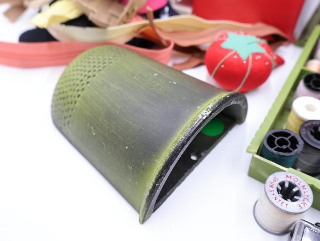 Vintage Sewing Container, Metal Thimble Wall Pocket, and Sewing Baubles - 8