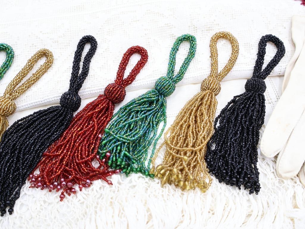 Antique Window Panel, Gloves, and Collection of Tassels - 3