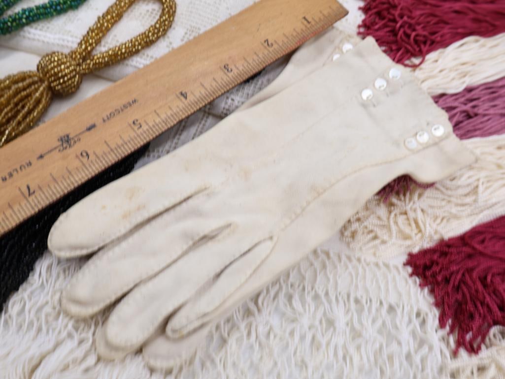 Antique Window Panel, Gloves, and Collection of Tassels - 4