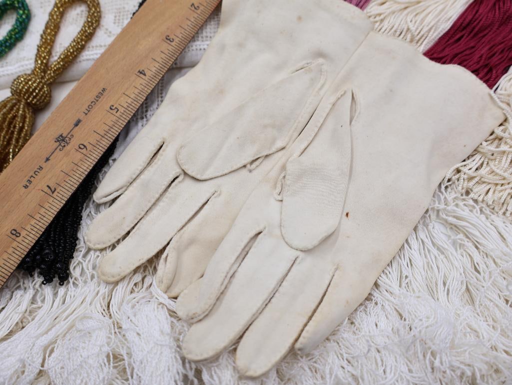Antique Window Panel, Gloves, and Collection of Tassels - 5