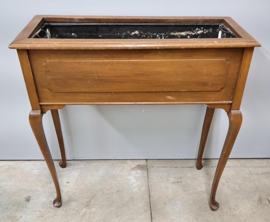 Vintage Wood Queen Anne-Style Wood Plant Stand: Unique wood plant stand with Queen Anne- style cabriole legs, and metal liner insert for planting. Measures approx. 30" by 12" by 31"