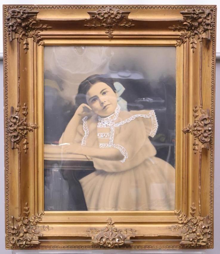 Antique 1910 Girl Crayon Portrait in Gilded Antique Frame: Marked 'Redmond 1910' in corner, unnamed girl portrait framed in majestic gilded frame with wavy antique glass. Please see all photos, minor scuffs on some parts of the frame