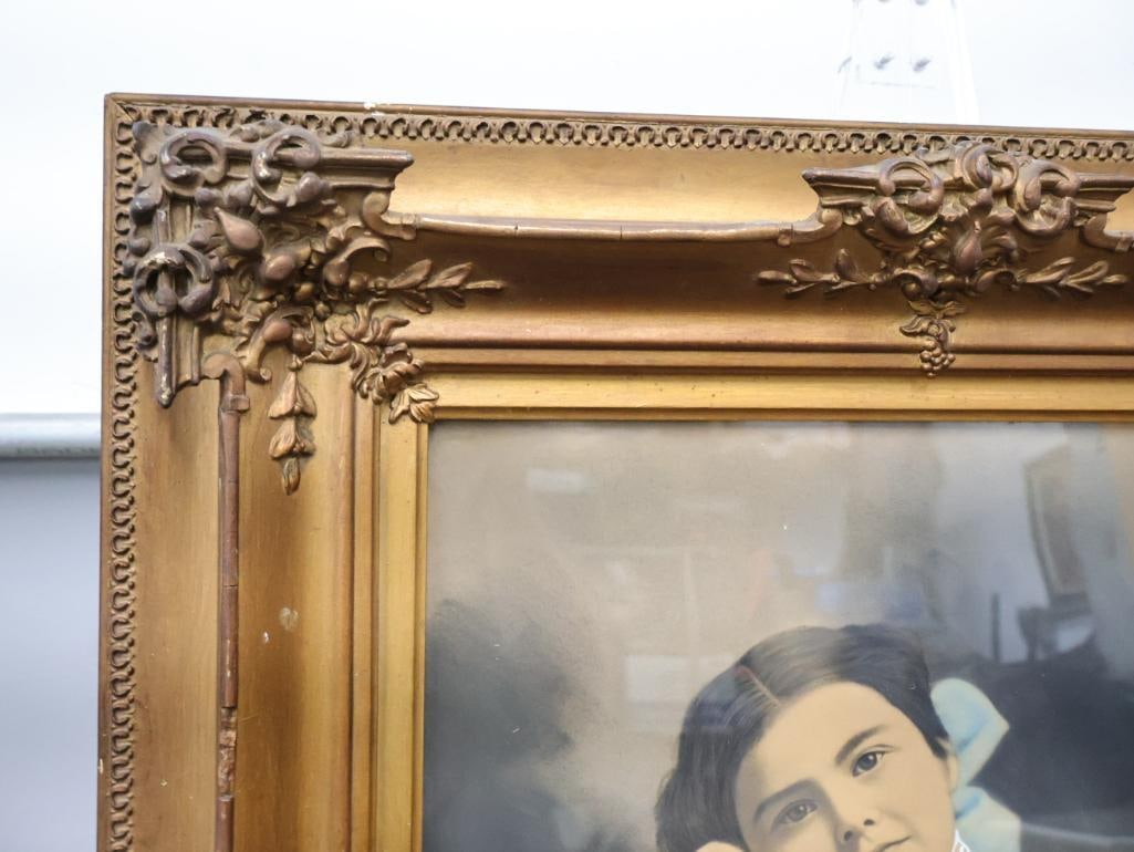 Antique 1910 Girl Crayon Portrait in Gilded Antique Frame - 5
