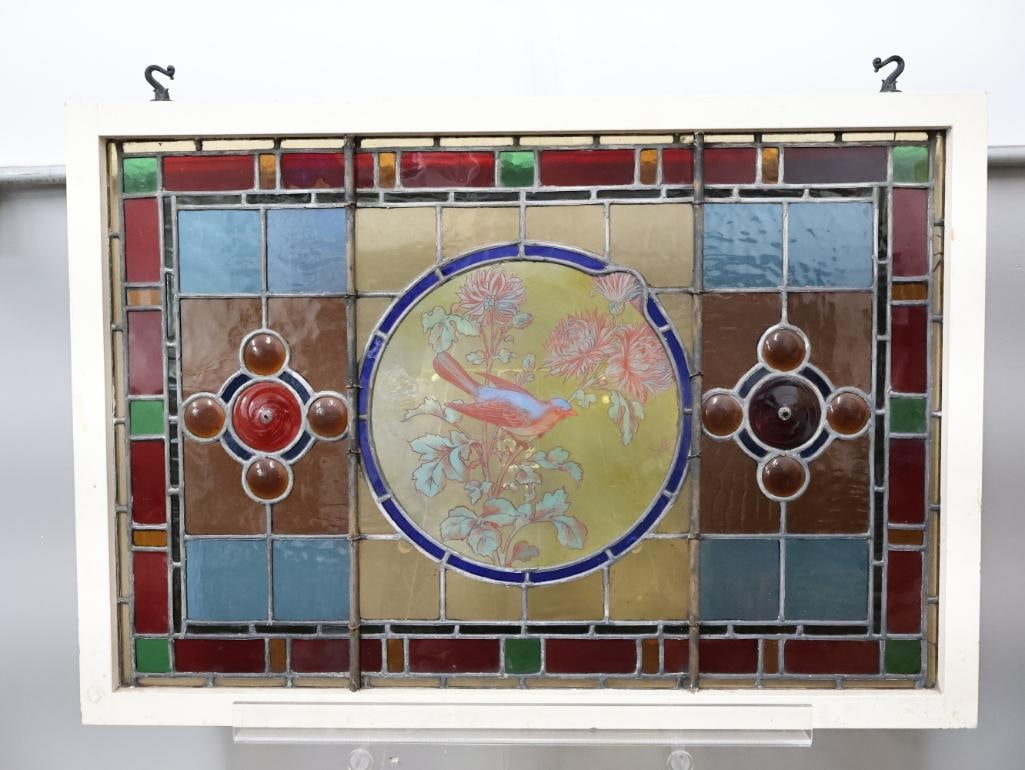 Lovely Antique Painted Bird Stained Glass Leadlight Window - 12