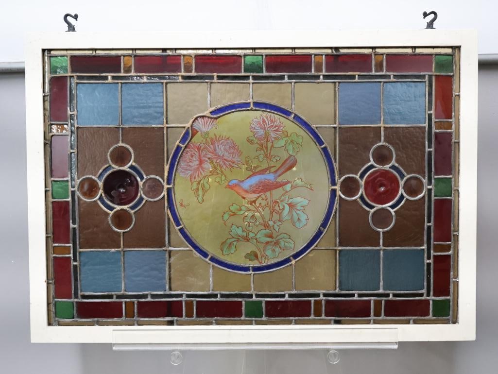 Lovely Antique Painted Bird Stained Glass Leadlight Window - 2