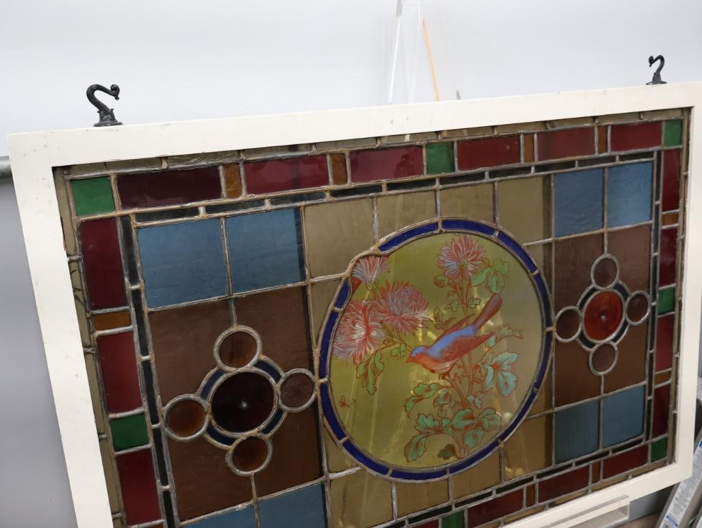 Lovely Antique Painted Bird Stained Glass Leadlight Window - 3