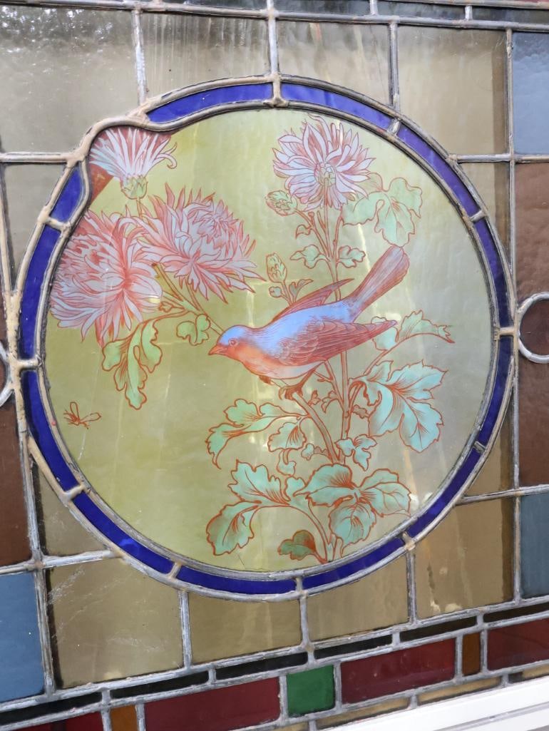 Lovely Antique Painted Bird Stained Glass Leadlight Window - 4