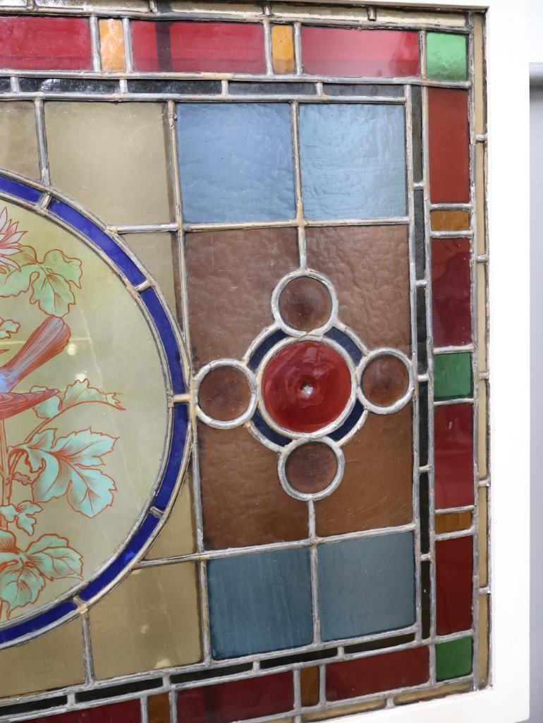Lovely Antique Painted Bird Stained Glass Leadlight Window - 9