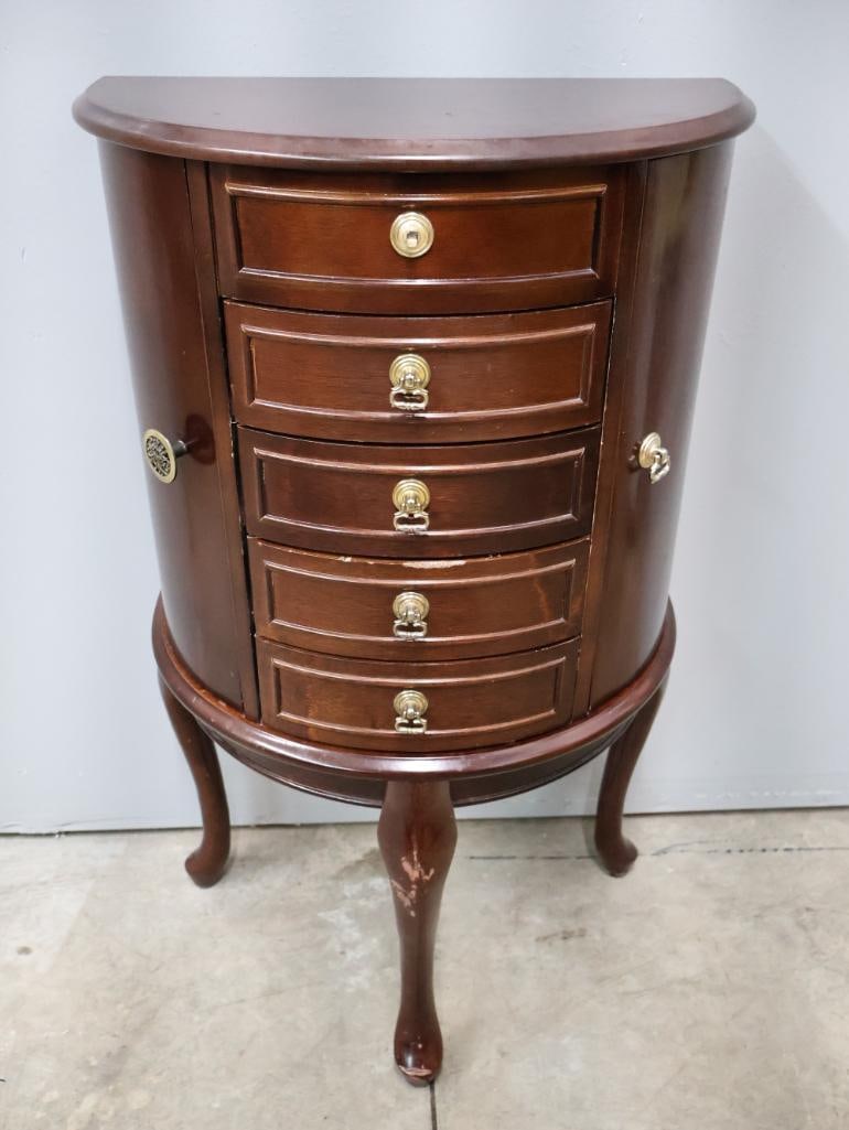 Standing Jewelry Box in French Louis-Style: Modern made standing jewelry box, please see all photos for condition missing top drawer handle and top hatch cracked along back