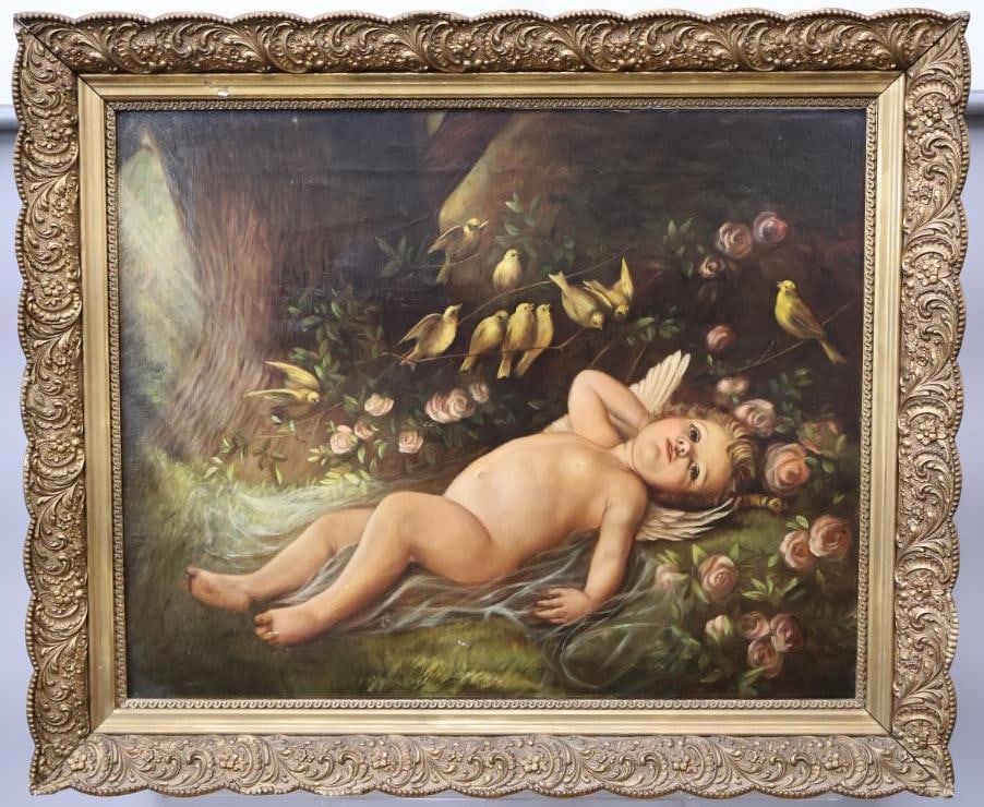 Antique Painting of "Le reveil de l'Amour" (The Awakening of Love): Beautiful antique framed 19th-century or early 20th-century oil on canvas painting of "Le reveil de l'Amour" (The Awakening of Love), originally by French painter Leon-Jean-Basile Perrault. Artist of