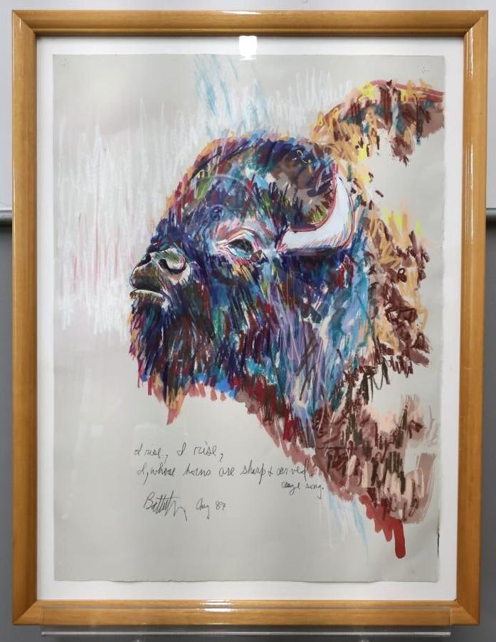 John Nelson Battenberg "The Rising of the Buffalo Men": Wood frame drawing of side profile bust of American bison, with pencil inscription that reads "I rise, I rise, I, whose horns are sharp & curved," a line of poetry taken from "The Osage Tribe: