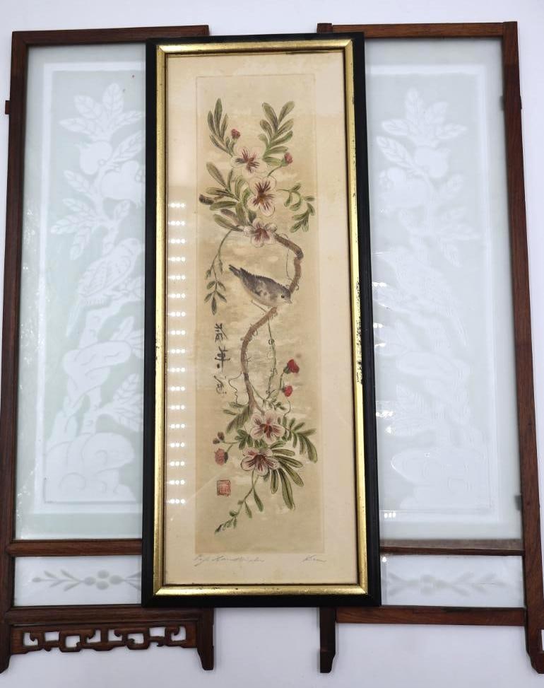 Pencil Signed Bird Drawing Print and Two Glass Screen Pieces: Pencil signed bird drawing print, and two Asian style etched glass screen pieces that measure about 29.5" by 10"