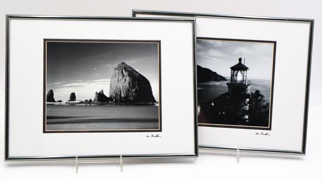 Pair of Oregon Coast Signed Framed Photography: Black and white photographs of Cannon Beach and Heceta Head Lighthouse by Ron Keebler signed in bottom corner