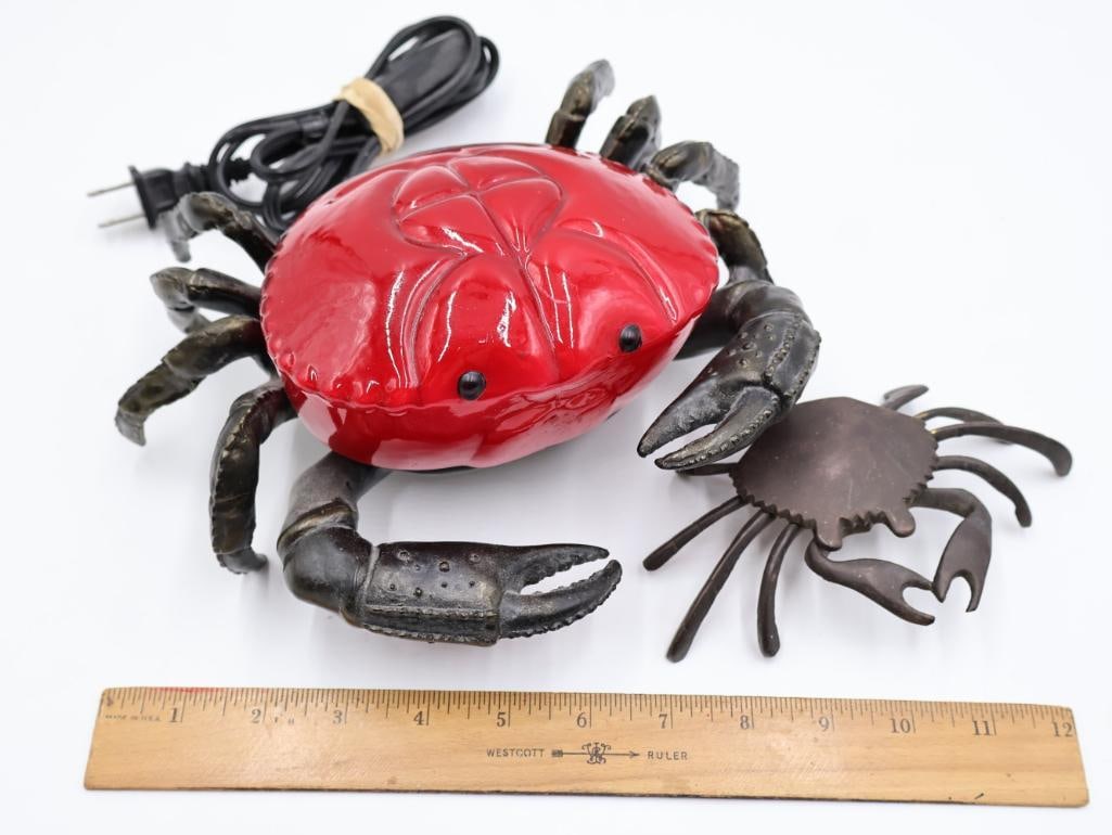 Red Glass Crab Light and and Brass Crab Trinket Box - 2