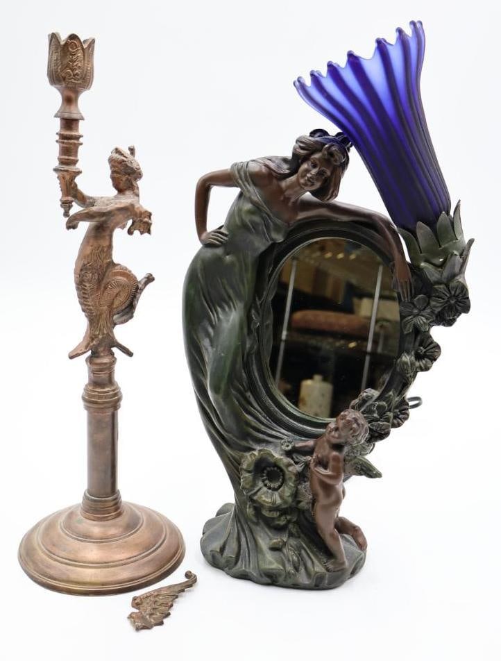 Vintage Mermaid Candle Holder and Lighted Ornate Mirror: Vintage mermaid Art Nouveau style candle holder (one wing broken but included), and 1995 Crosa Art Nouveau style lighted table mirror with lady and cherub