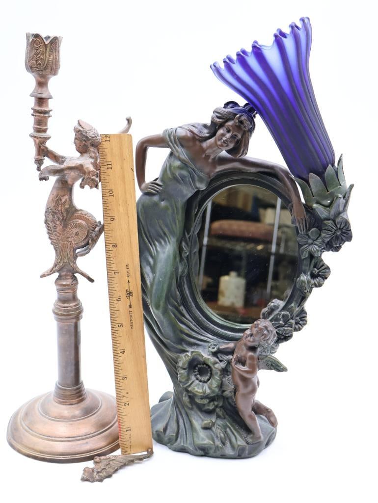 Vintage Mermaid Candle Holder and Lighted Ornate Mirror - 2