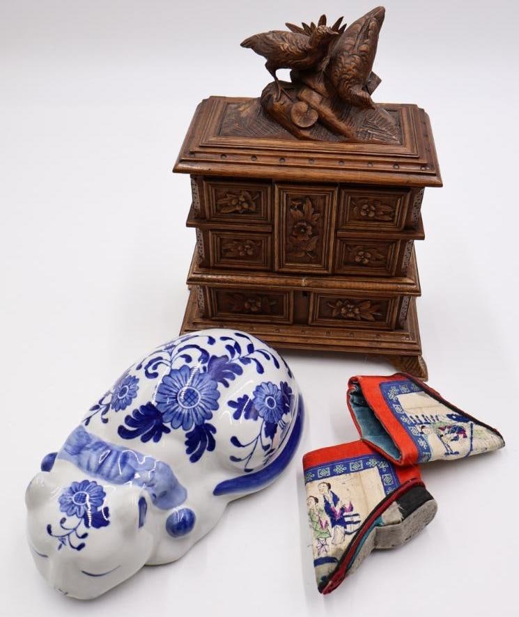 Antique Chinese Foot Binding Shoes, Wood Jewelry Box and Cat Statue: Stitched together pair of Chinese ladies foot binding shoes, vintage bird topped wood jewelry box, and blue and white transferware sleeping cat statue