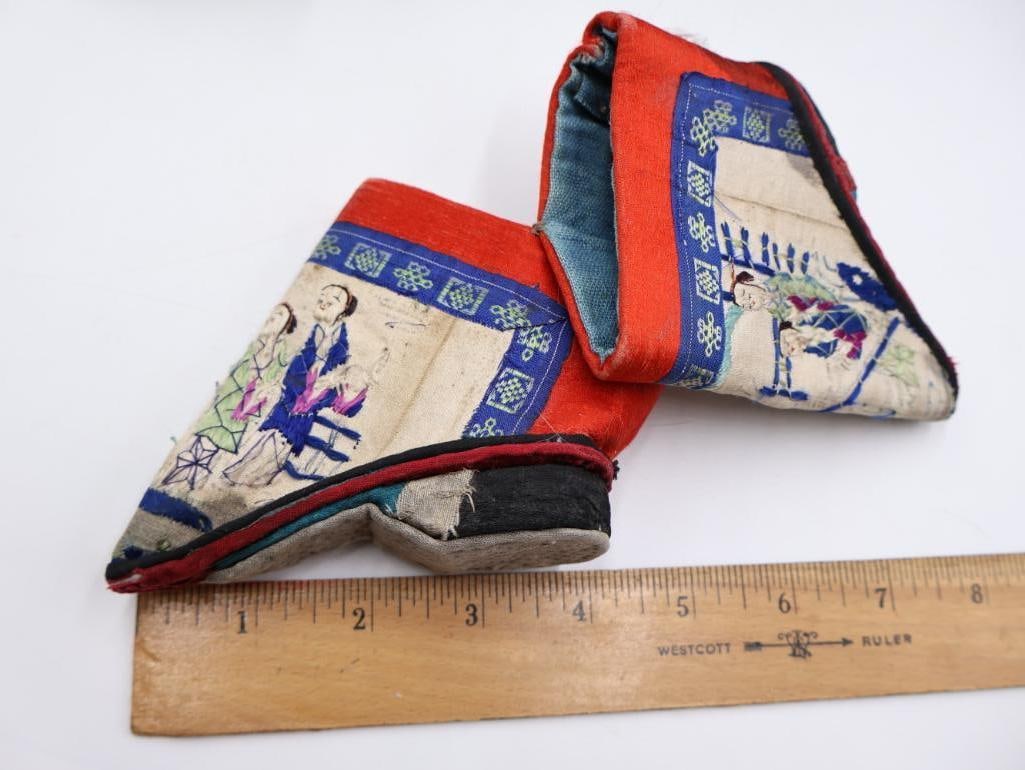 Antique Chinese Foot Binding Shoes, Wood Jewelry Box and Cat Statue - 2