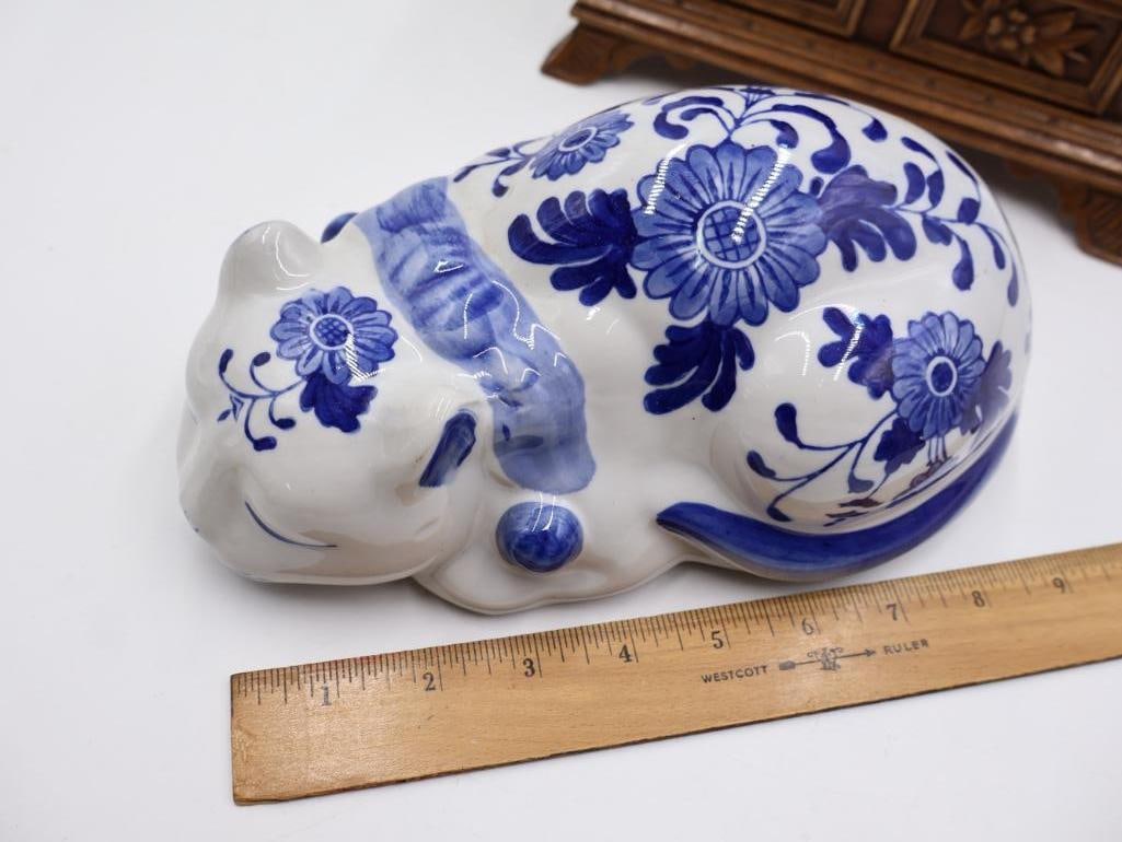 Antique Chinese Foot Binding Shoes, Wood Jewelry Box and Cat Statue - 8