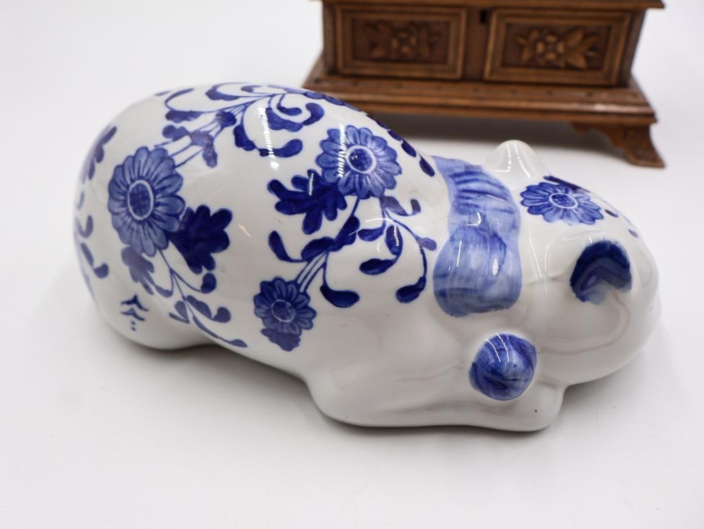 Antique Chinese Foot Binding Shoes, Wood Jewelry Box and Cat Statue - 9