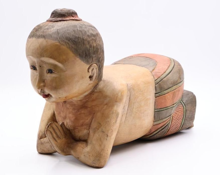 Reproduction Wood Girl Opium Pillow: Heavy wood carved, Modern UPC on bottom states 'Asia Art' Girl original price 207.00