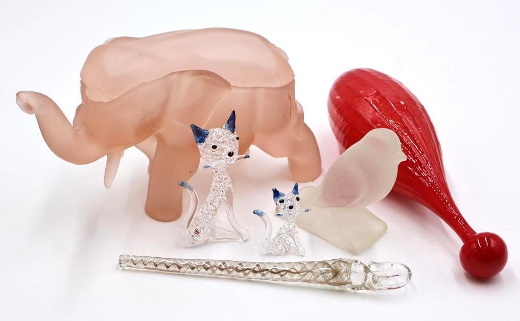 Vintage Glass Decor Pieces: Frosted pink elephant trinket/candy dish, fragile cat statues, handing icelce, frosted bird, and red artisan glass piece