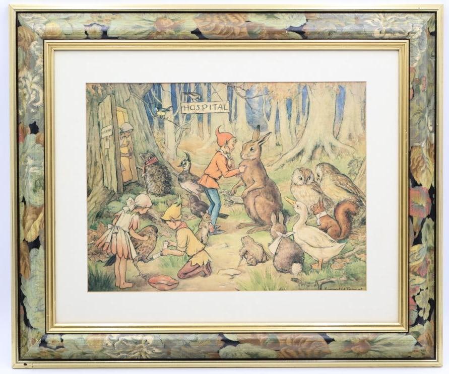 Floral Framed Vintage 'Woodland Hospital' Print by Margaret Winifred Tarrant: Whimsical illustration features fairy-like children tending to various forest animals in a woodland setting, in lovely coordinating floral frame, 21" by about 25"