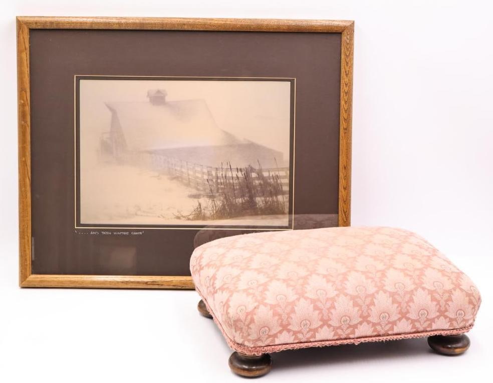 Vintage Footstool and Signed Art Piece: Small pink footstool with turned wood feet, '...And the Winter Came' signed print