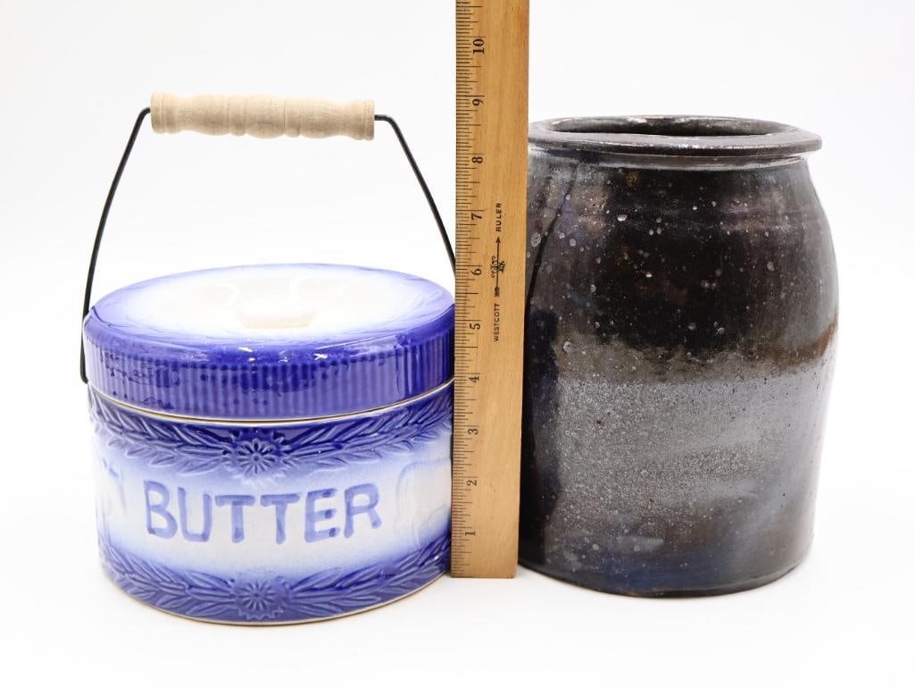 Vintage Stoneware Butter and Dark Brown Crock - 2