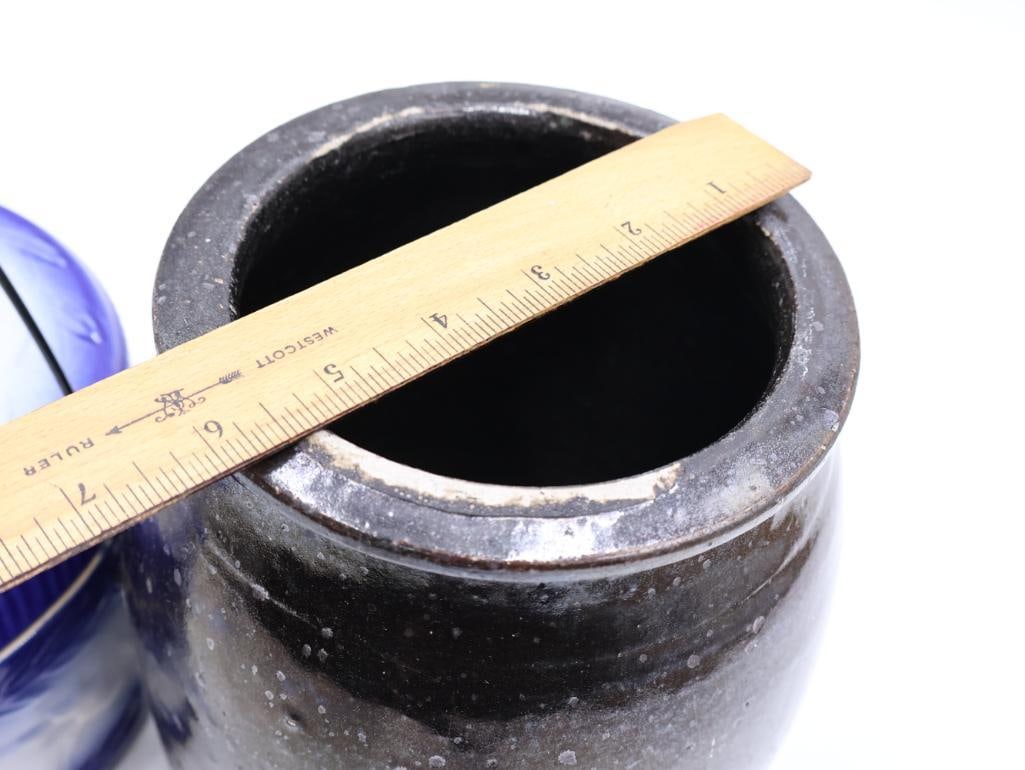 Vintage Stoneware Butter and Dark Brown Crock - 3
