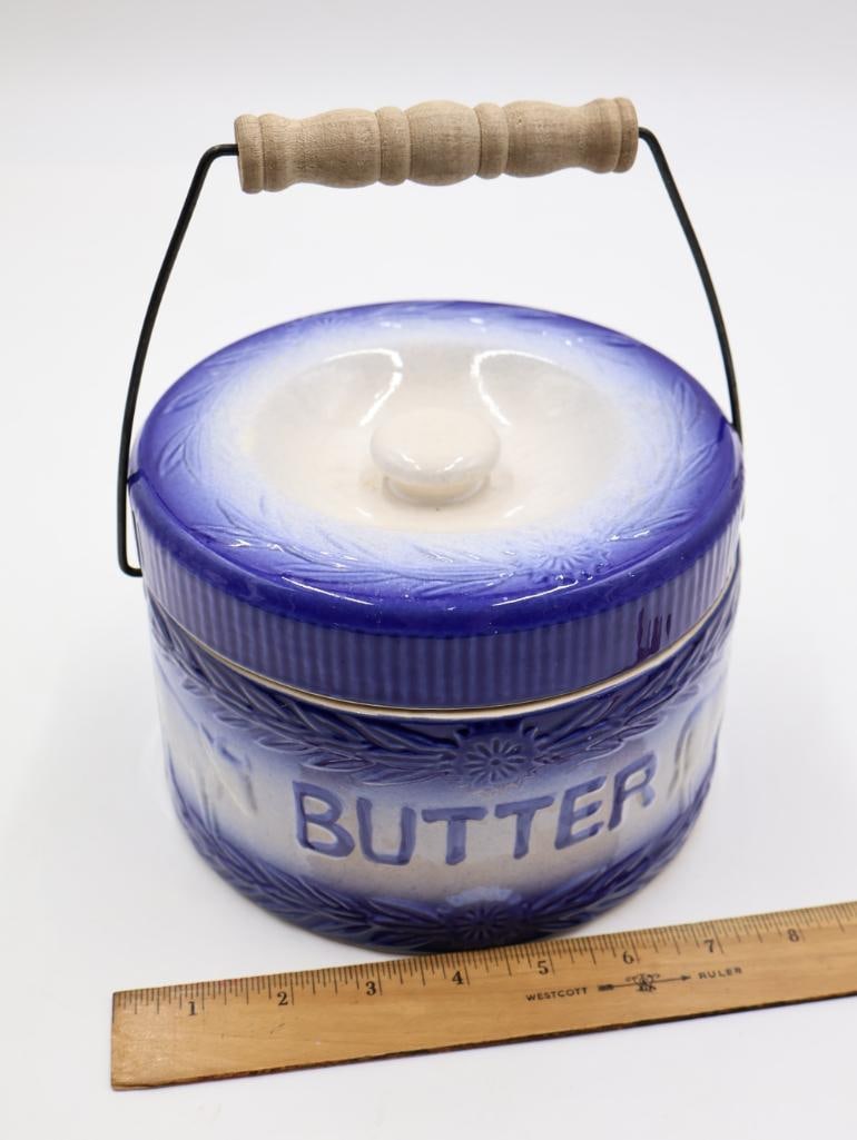 Vintage Stoneware Butter and Dark Brown Crock - 7