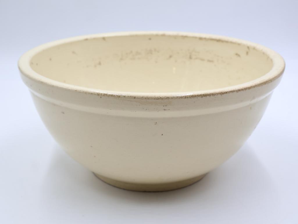 Antique Large Stoneware Mixing Bowl: Lovely white wash glaze stoneware bowl, marked USA 14