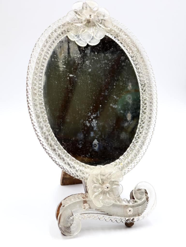 Vintage Venetian Glass Table Top Mirror: Lovely heavy artisan glass mirror with glass flowers, on wood folding a-frame