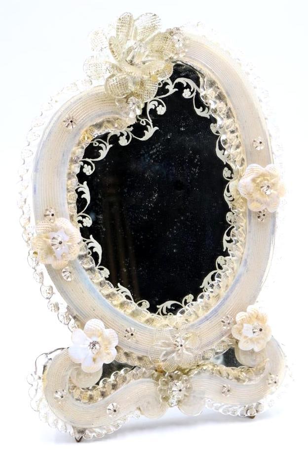 Vintage Venetian Ornate Glass Table Top Mirror: Lovely ornate tabletop a-frame mirror adorned with heavy glass and floral glass pieces mounted on wood frame