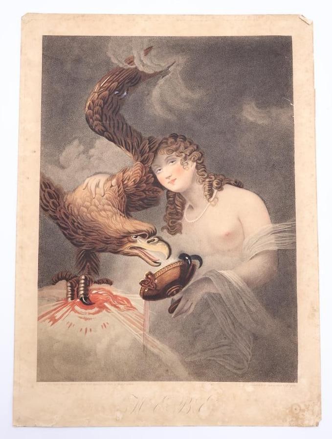 Antique Etching Print of Hebe and Eagle Zeus: Antique dotted engraving print depicting greek goddess Hebe serving and eagle that represents Zeus, unframed