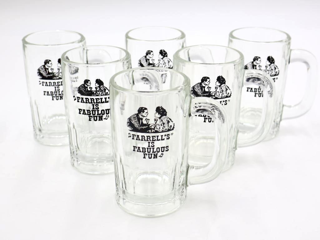 Set of Six Farrell's Mugs: Heavy glass mugs state 'Farrell's is Fabulous Fun'
