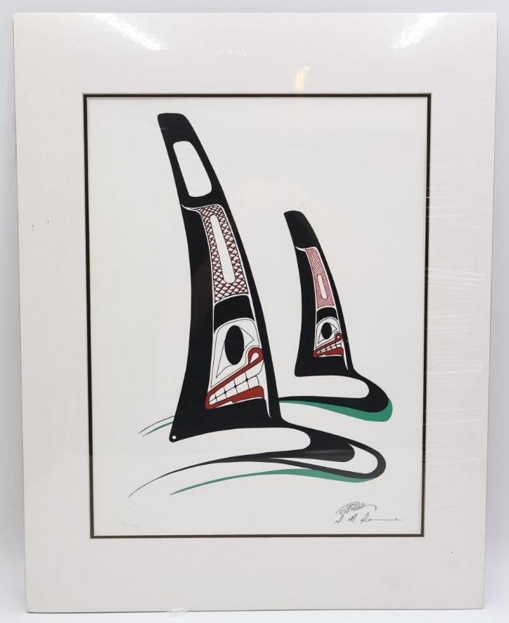 Unframed Signed Print of Orcas by Danny Dennis: Canadian art prints First Nation's limited edition collection with certificate of authenticity. Print number 102 of 195. Matted print measures 20 by 16