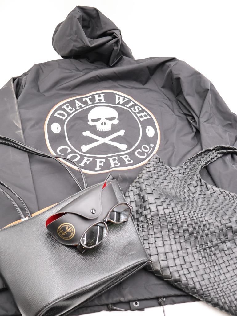Vintage Ray Bans, Purses, and Death Wish Coffee Jacket: Vintage Ray ban glasses (extra wide), two leather purses by Tolblanc Paris and Falor Italy, and XL Death Wish Coffee rain snap jacket. Death Wish Coffee is known for having the world's strongest