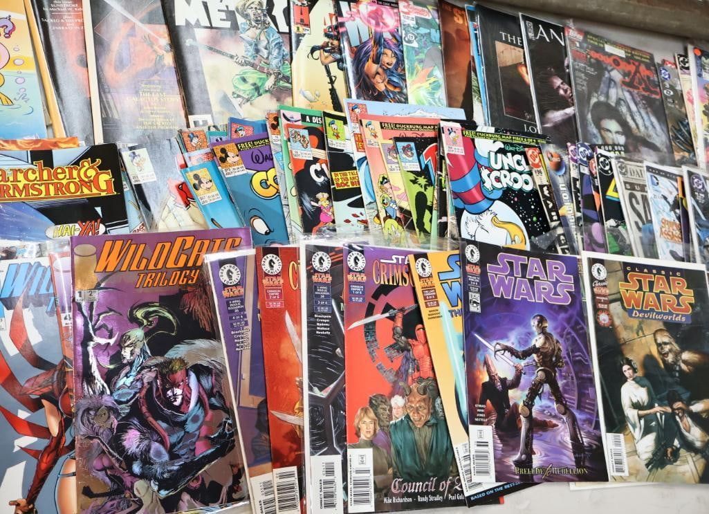 Large Lot of Various Comics and More: Includes an issue of Heavy Metal and Epic magazine, The Crow, Angel, Bionicle comics, Batman, Uncle Scrooge Darkwing and Disney comics, Superman, and many Star Wars comics and more